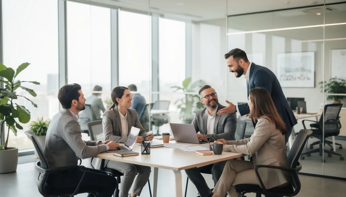 A professional team is collaborating in a modern open office space, engaging in discussions about integrating AI technology and machine learning into their business operations. The environment reflects a focus on innovation, with team members sharing actionable insights to enhance customer experience and drive digital transformation.