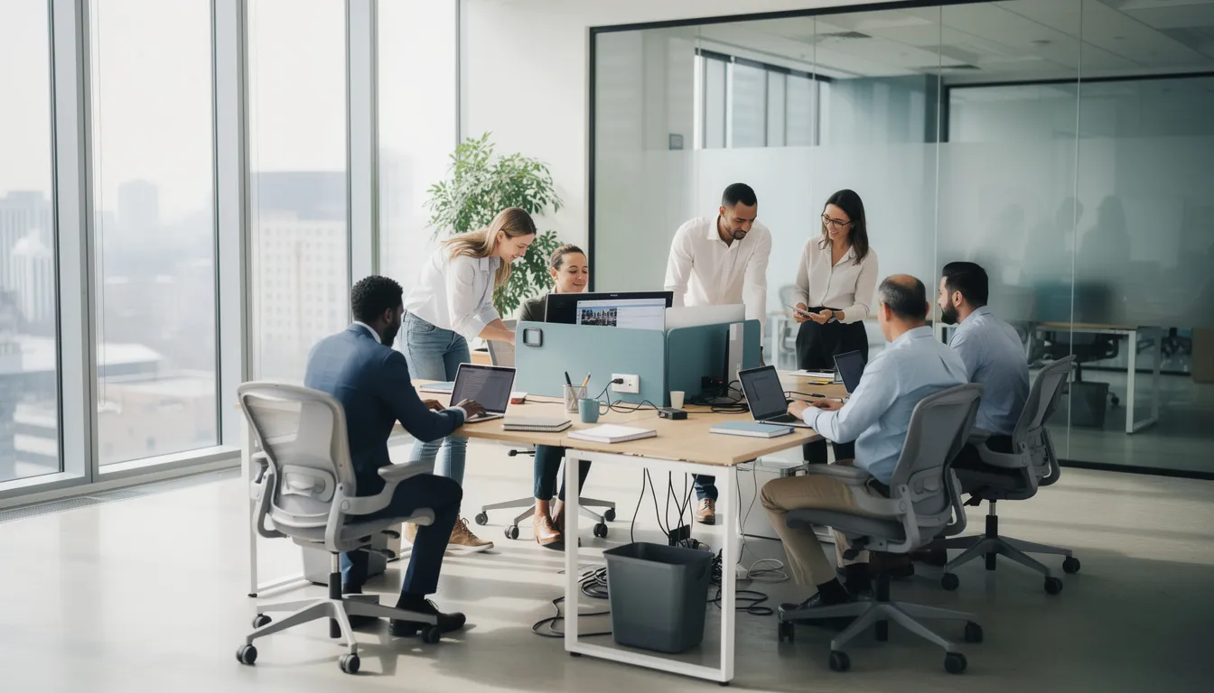 The image depicts a modern office workspace where professionals are engaged in collaborative activities, utilizing laptops and computers under natural lighting. This environment showcases the integration of AI technology, as employees leverage AI tools to enhance their productivity and streamline routine tasks.