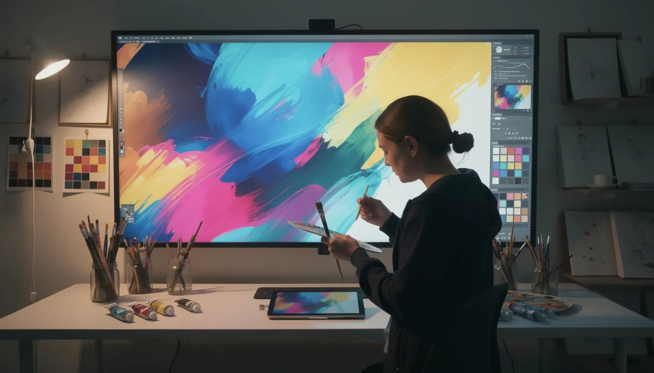 An artist is immersed in creating vibrant artwork on a large digital display, using paintbrushes and a stylus, showcasing the blend of traditional and digital tools. This scene highlights the power of generative AI as a creative platform, enabling users to easily create visuals and explore new artistic ideas.