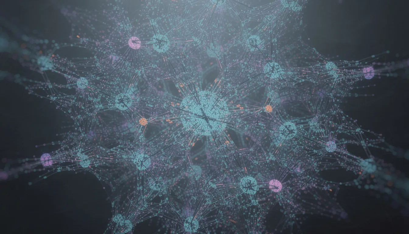 The image depicts an abstract visualization of interconnected nodes, symbolizing a neural network used in machine learning. This representation highlights the complexity and interactivity of artificial intelligence systems, essential for understanding concepts like deep learning and data analysis.