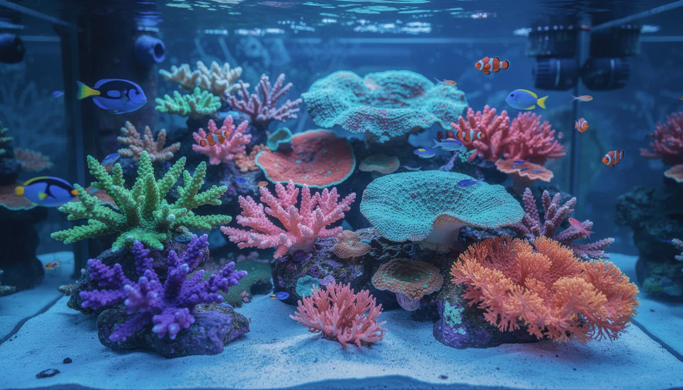 The image depicts a vibrant reef aquarium filled with colorful coral and a diverse range of fish, all illuminated by specialized lighting that enhances the colors of the aquatic life. The setup showcases the capabilities of advanced AI devices, such as the AI Prime HD and AI Hydra, which control the lighting effects to create a visually stunning underwater environment.
