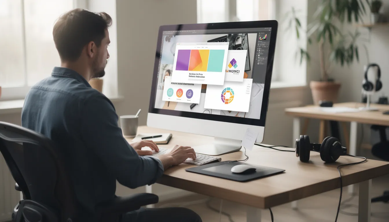 A creative professional is focused on their computer, surrounded by multiple design windows that showcase various projects. The scene highlights the integration of artificial intelligence and machine learning techniques in their workflow, emphasizing the use of advanced analytics and data visualization in their design process.