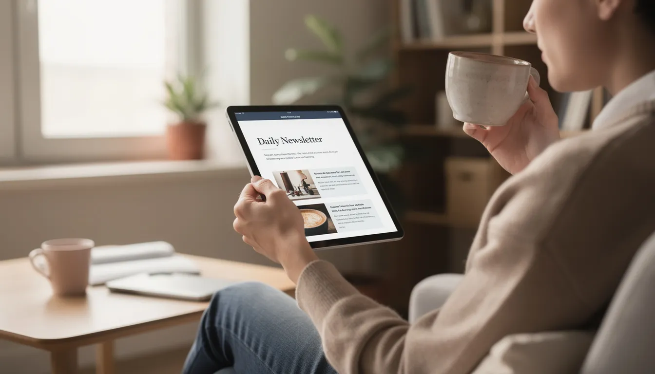 A person sits in a calm setting, sipping coffee while reading a newsletter on a tablet. The scene evokes a sense of relaxation and focus, perfect for exploring new ideas or enhancing essential AI skills.