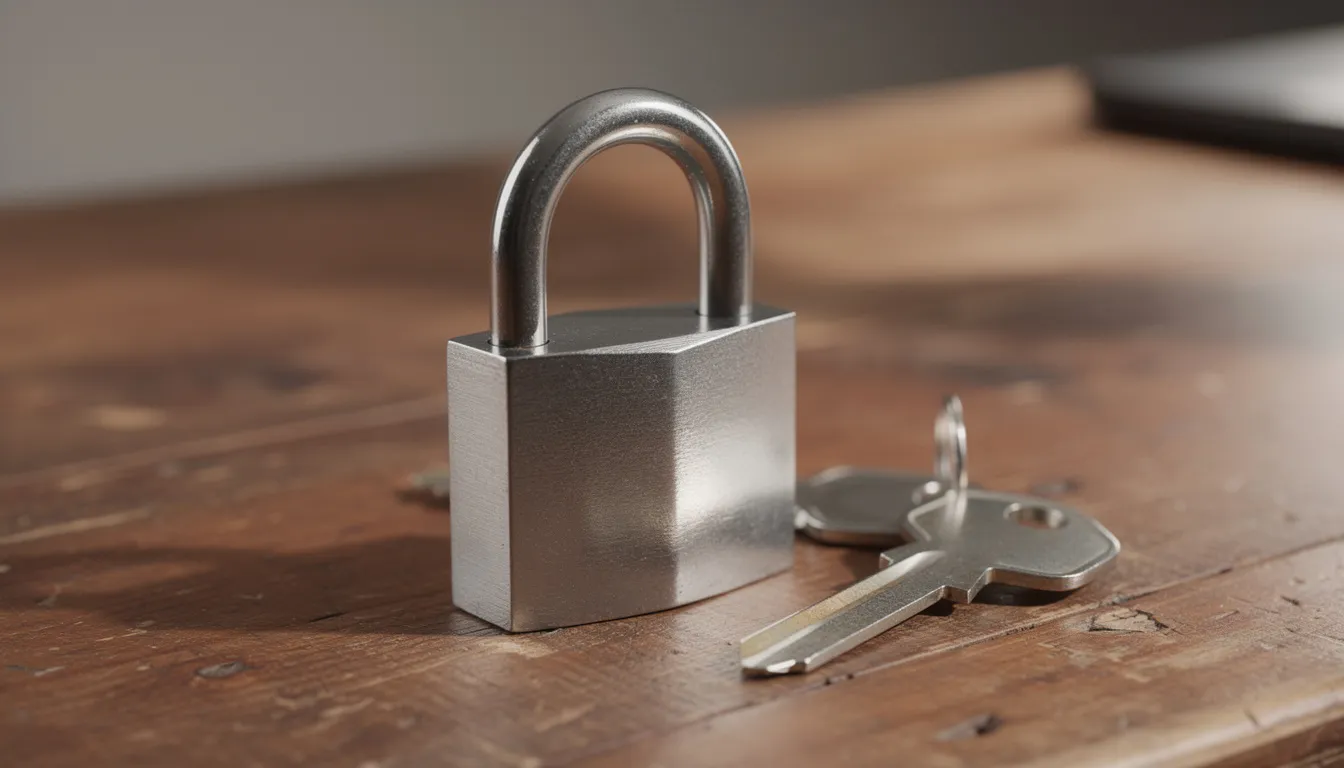 The image features a padlock and key resting on a wooden desk, symbolizing security and protection. This visual metaphor highlights the importance of safeguarding data and business processes, which can be enhanced by leveraging various AI tools for improved security and efficiency.