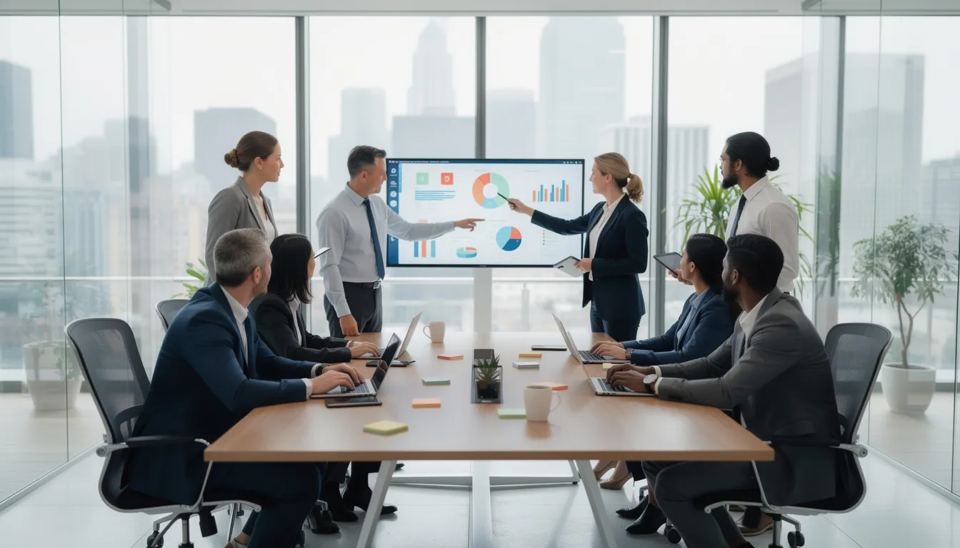 The image depicts a diverse group of professionals engaged in a collaborative discussion within a modern office meeting room, utilizing AI tools and technologies to enhance their teamwork and decision-making processes. They are focused on innovative strategies and ethical considerations related to data handling and AI applications in various domains.