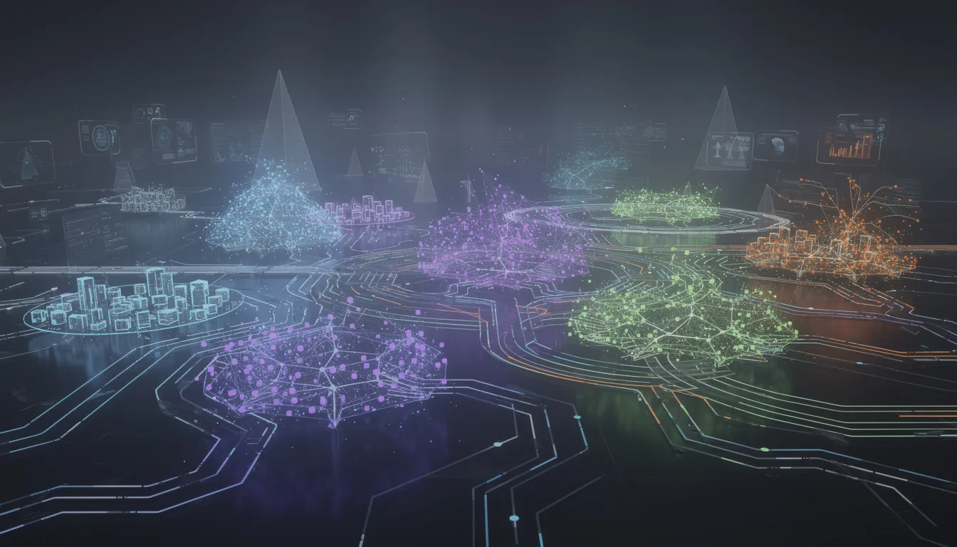 The image depicts an abstract digital landscape featuring interconnected nodes and pathways that symbolize various AI systems, set against a rugged alien backdrop with jagged mountain peaks. This interactive world invites viewers to explore infinitely diverse worlds, showcasing the dynamic interplay of technology and environment.