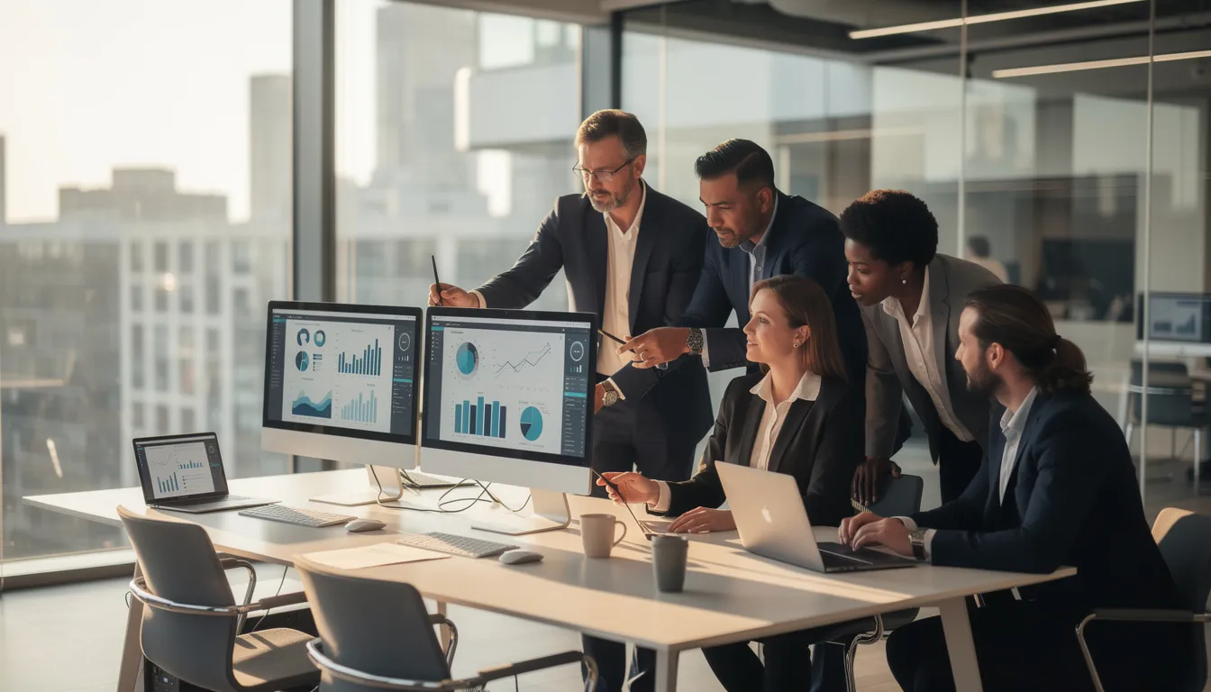 A team of professionals is engaged in reviewing data on multiple screens within a modern office environment, showcasing the integration of advanced sensors and artificial intelligence technologies in their workflow. This collaborative setting reflects the innovative spirit of the future today, where human intelligence and generative AI work together to drive strategic foresight in various industries.