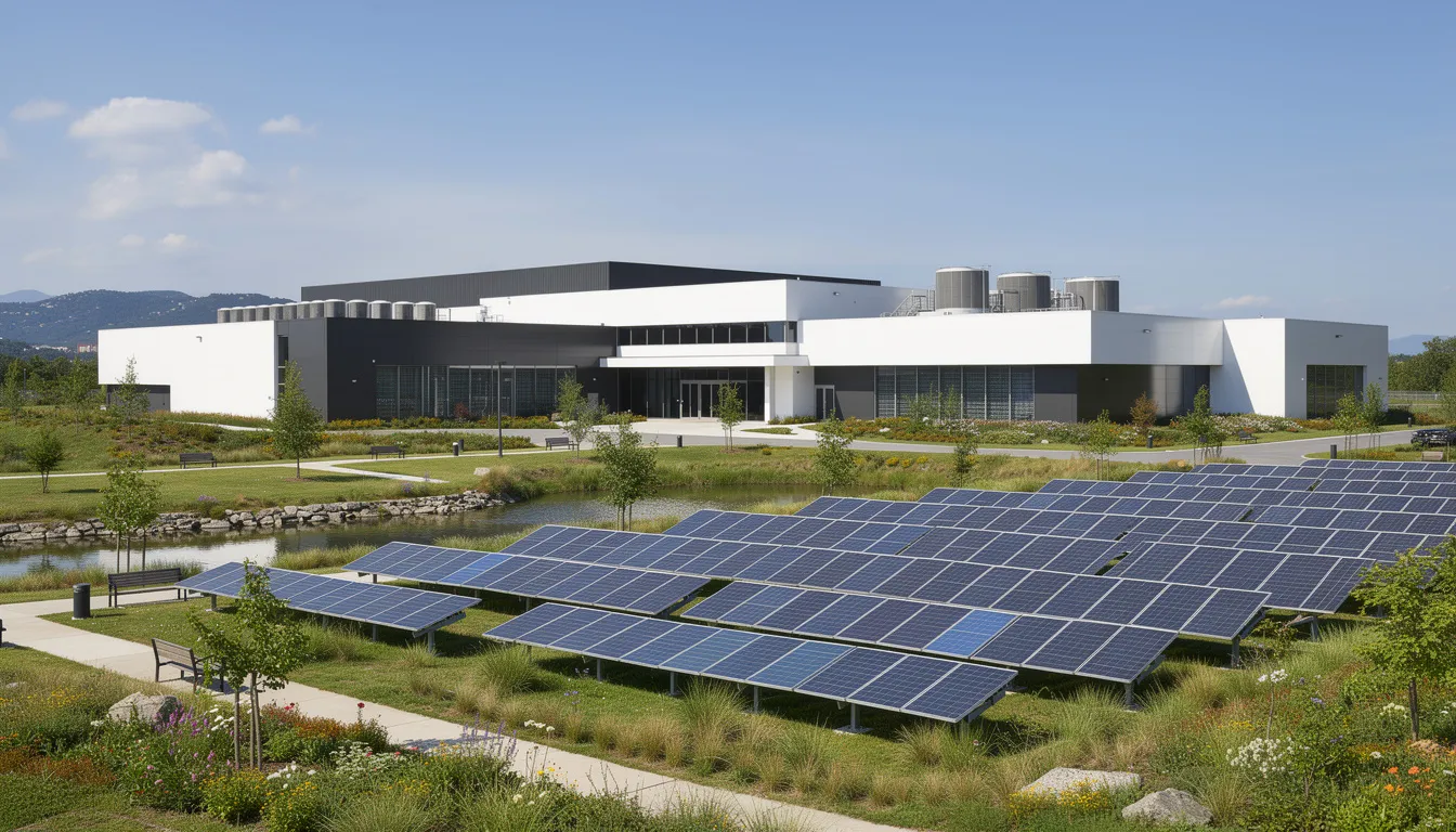 The image depicts a modern sustainable data center surrounded by lush green landscaping and equipped with solar panels, reflecting the integration of artificial intelligence technologies and eco-friendly practices. This facility symbolizes the future of computing, emphasizing innovation and sustainability in the age of AI transformation.