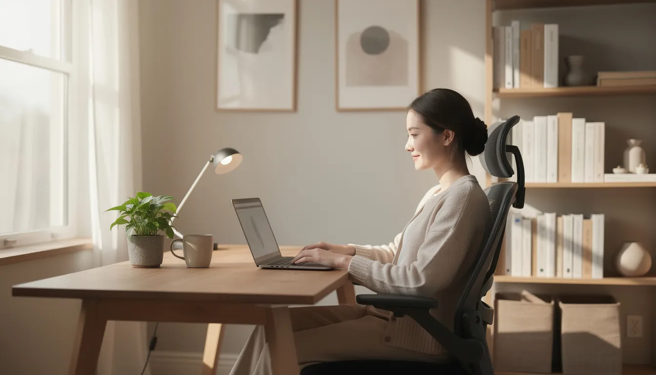 A calm person is seated at a desk in a peaceful home office, focused on reading articles about the latest AI news and trends on their laptop. The serene environment enhances their productivity as they explore curated insights and practical applications of artificial intelligence.