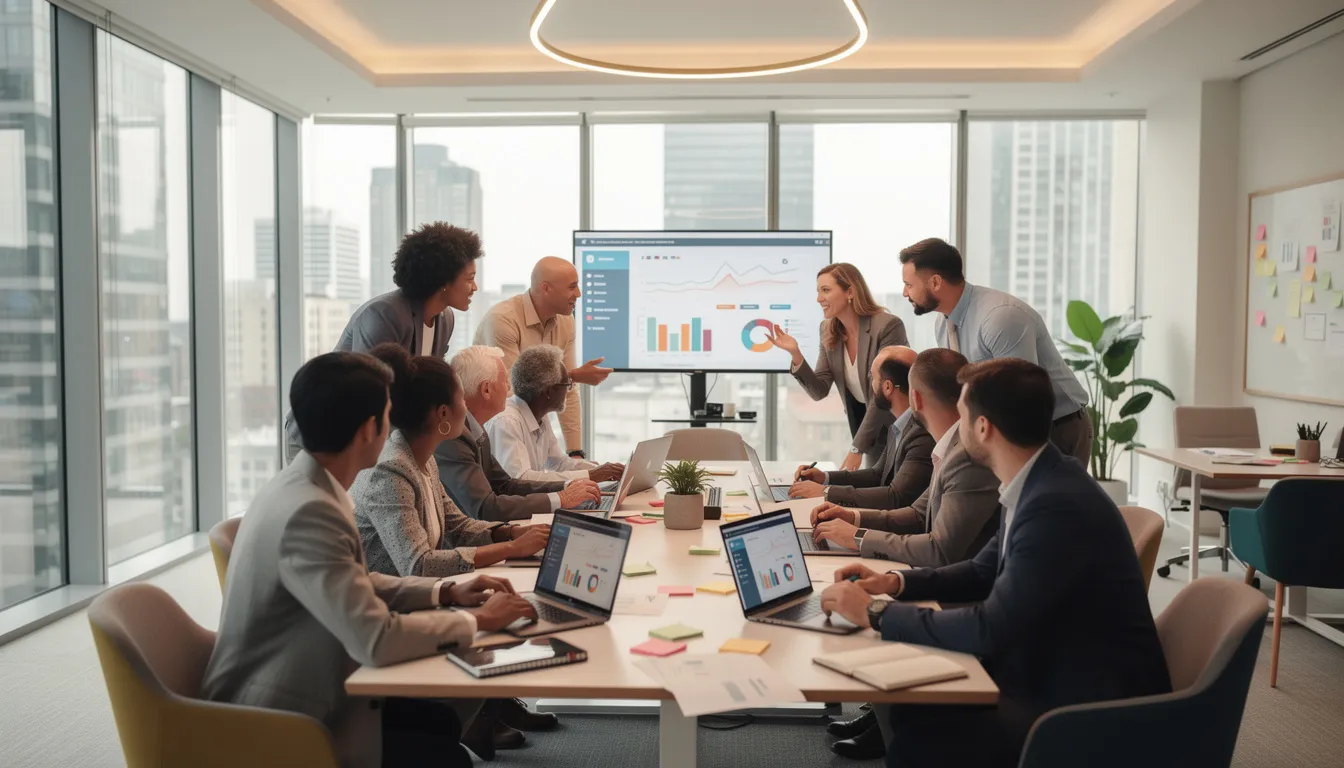 The image depicts a diverse group of professionals collaborating in a modern office environment, surrounded by laptops and digital screens displaying data and AI tools. This scene reflects the future of work, where business leaders and employees leverage artificial intelligence to enhance productivity and solve complex problems.