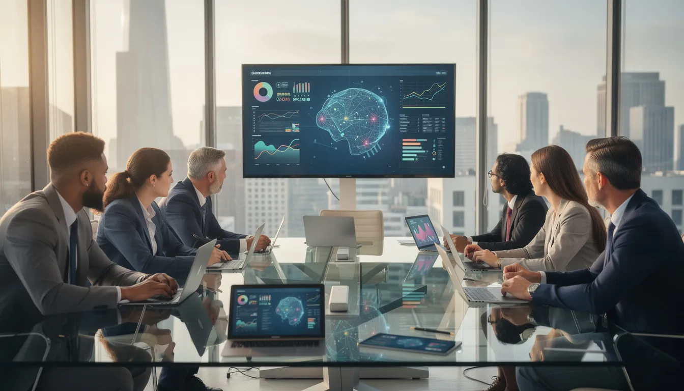 A diverse team of professionals collaborates around a conference table, engaging with digital displays that showcase AI analytics, including insights from machine learning models and natural language processing. The atmosphere emphasizes teamwork in leveraging advanced AI technologies to solve real-world problems and enhance human intelligence.