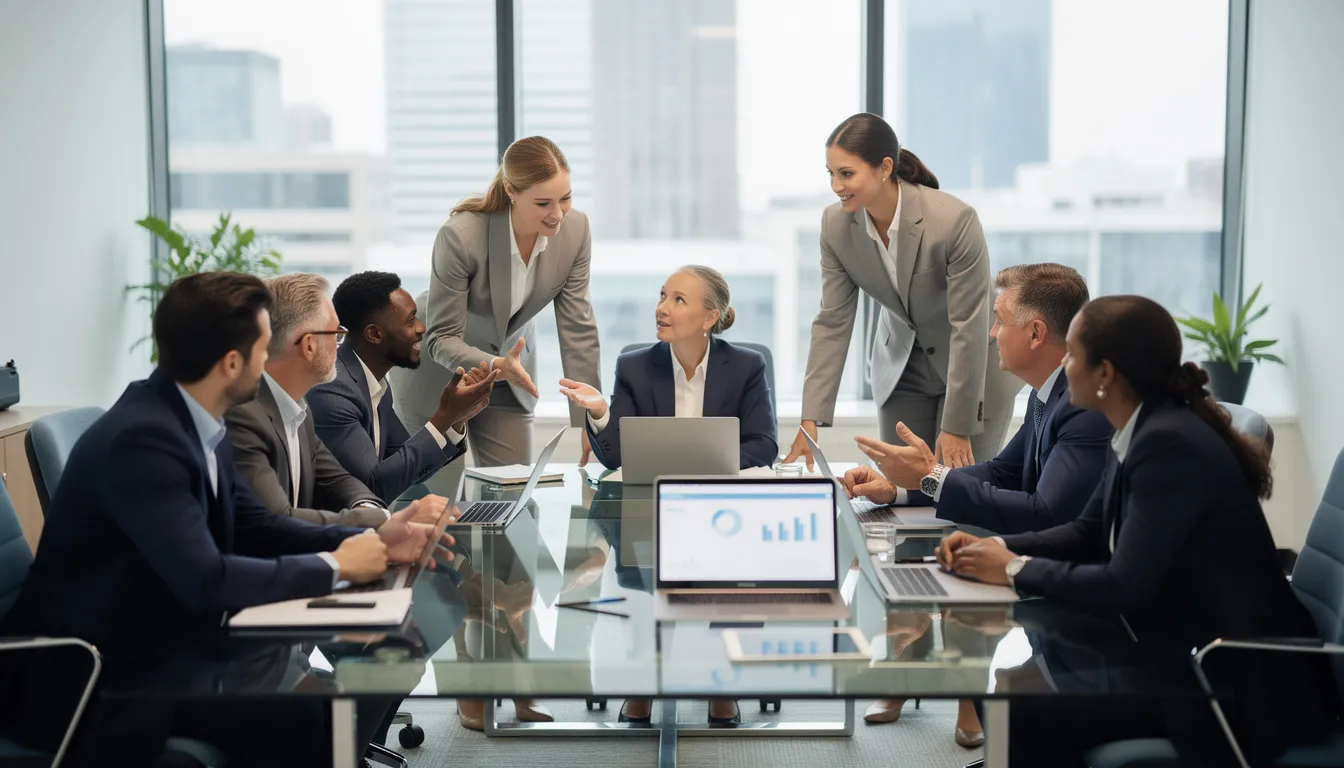 The image depicts a diverse group of business professionals engaged in a discussion around a modern conference table, equipped with laptops and tablets, highlighting the collaboration and use of AI technologies in their strategic planning. The setting reflects a focus on data security and ethical considerations in the application of AI tools within their industry.