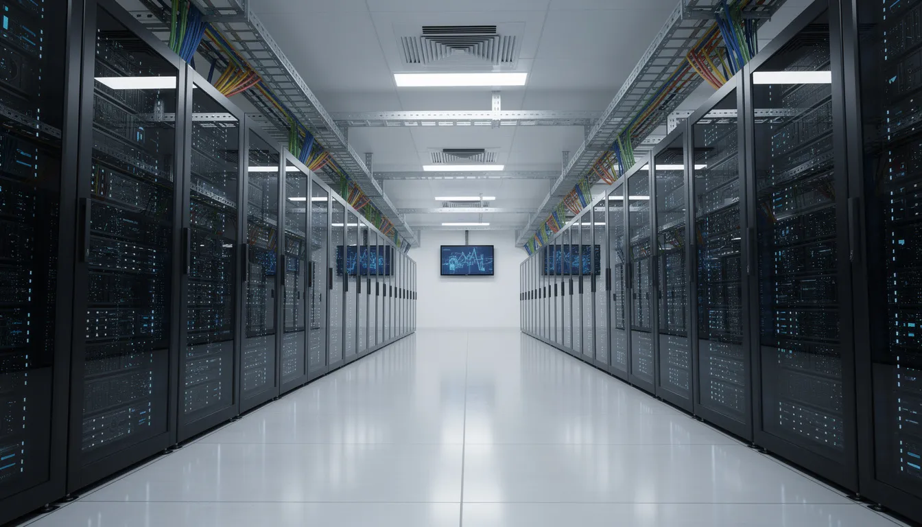 The image depicts a modern data center filled with rows of servers and networking equipment, showcasing the infrastructure that supports enterprise AI solutions and technologies. This environment is essential for managing AI models, optimizing resource allocation, and enhancing business operations through data-driven decision making.