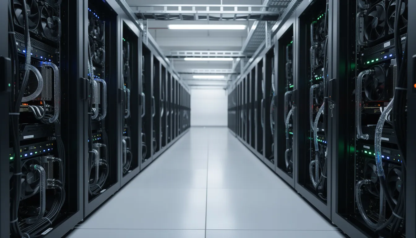 The image depicts rows of server racks in a modern data center, showcasing GPU cooling systems and illuminated status indicator lights, which highlight the critical infrastructure supporting artificial intelligence workloads. This environment represents a significant aspect of the AI industry, emphasizing energy efficiency and the growing demand for computing power in today's technology-driven world.