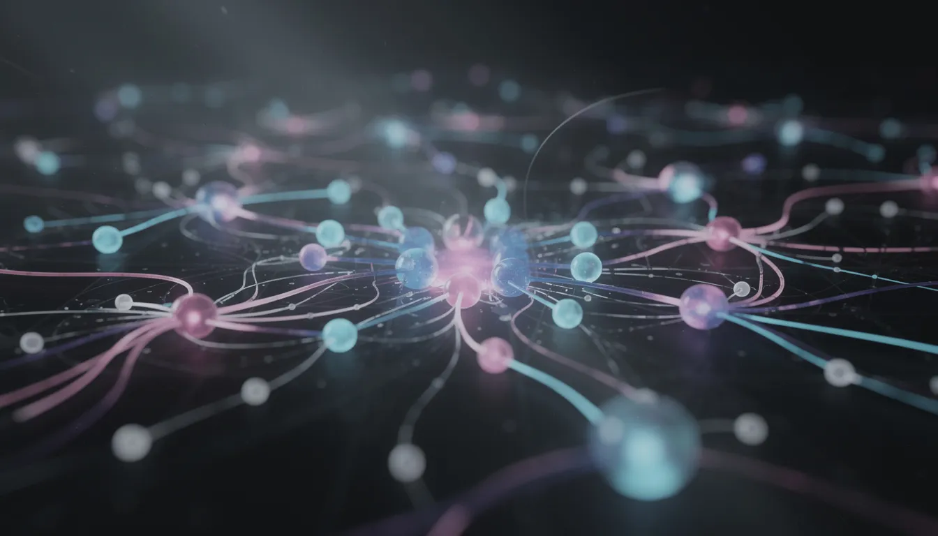 The image depicts an abstract visualization of neural network connections, featuring glowing nodes interconnected by vibrant lines, symbolizing the complex relationships in artificial intelligence and machine learning. This representation highlights the rapid rise of AI technology and its applications in various sectors, including business operations and data analytics.