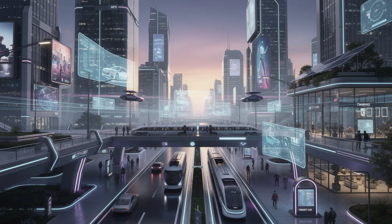 The image depicts a futuristic cityscape featuring advanced technology and integrated transportation systems, showcasing tall, sleek buildings adorned with digital displays and automated vehicles navigating the streets. This vibrant urban environment represents the future of artificial intelligence and machine learning, where innovation and operational efficiency drive the growth of companies in industries like technology and data science.