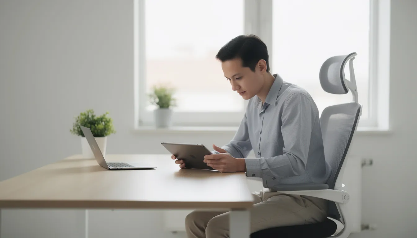 A person is sitting comfortably in a minimalist office, focused on reading content on a tablet, surrounded by a clean and uncluttered workspace that reflects modern design. This serene scene highlights the intersection of human intelligence and technology, as the individual engages with digital content, potentially powered by advanced AI tools and algorithms.