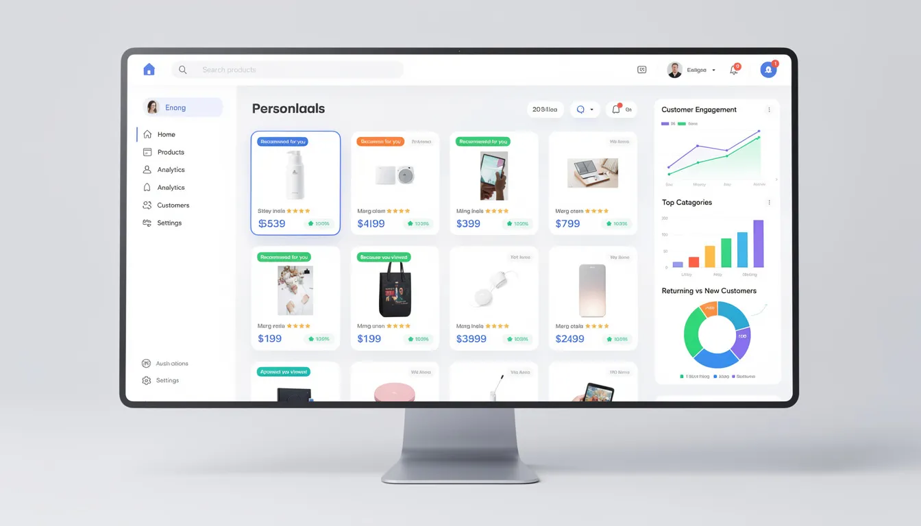 The image depicts an e-commerce website interface featuring personalized product recommendations based on user preferences and customer data analytics, showcasing how AI-driven solutions can enhance customer loyalty and provide valuable insights for small businesses. The layout includes graphs and charts representing real-time data and predictive analytics, aimed at helping entrepreneurs make informed decisions.