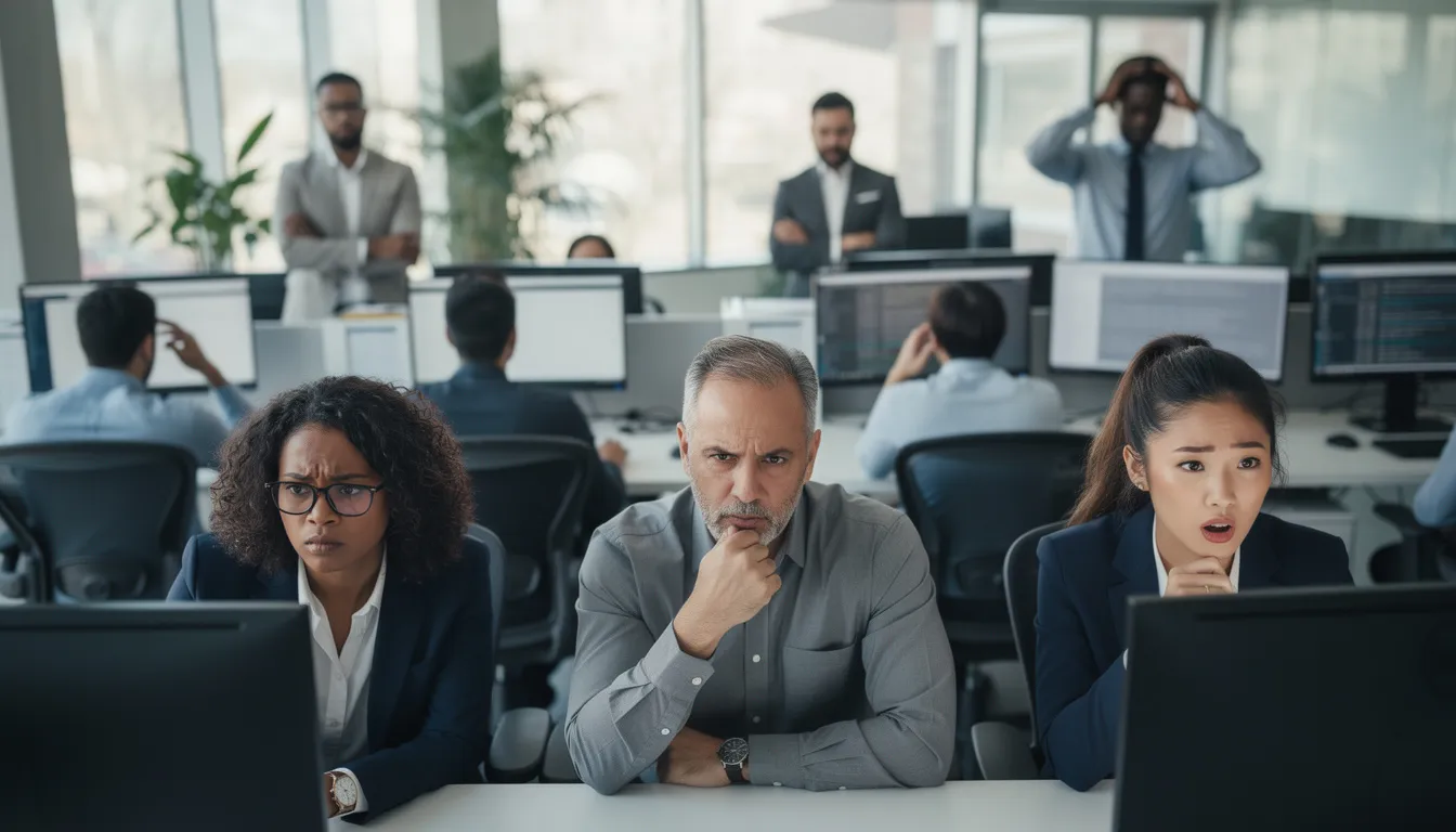 A diverse group of office workers is gathered around computer screens, displaying concerned expressions as they engage in discussions about the potential risks of AI systems and their implications for human safety. Their focus suggests a serious examination of AI development and the existential threats posed by powerful AI technologies.
