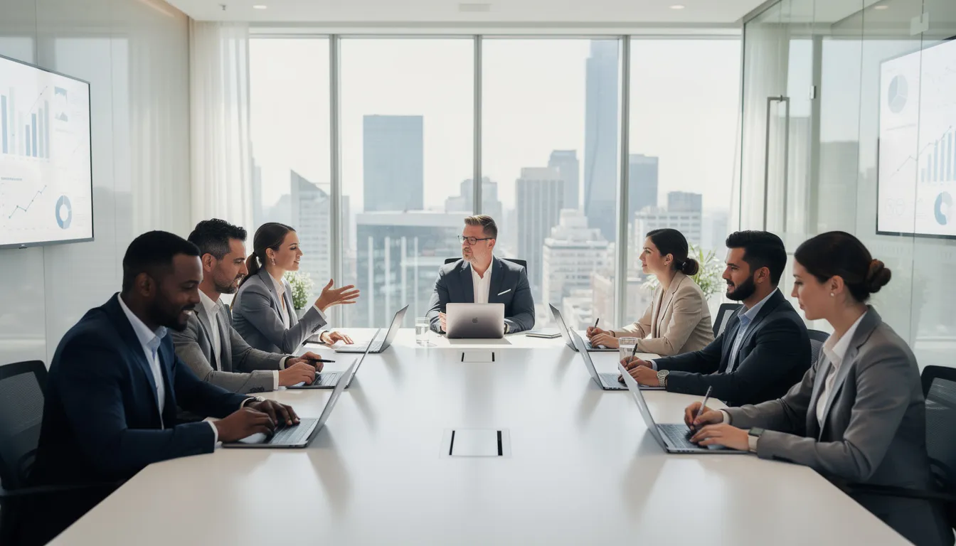 A diverse team of professionals is collaborating around a conference table, equipped with laptops and tablets, as they discuss various AI concepts and tools. The atmosphere is focused and dynamic, reflecting their commitment to enhancing their AI skills and exploring practical applications in their respective fields.
