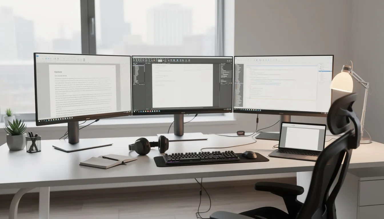 The image depicts a modern workspace featuring multiple monitors, each displaying various writing and editing tools, including AI writing software and grammar checkers, which assist in the writing process. This setup highlights the integration of advanced AI tools and natural language processing capabilities to enhance content generation and streamline the research and writing process.