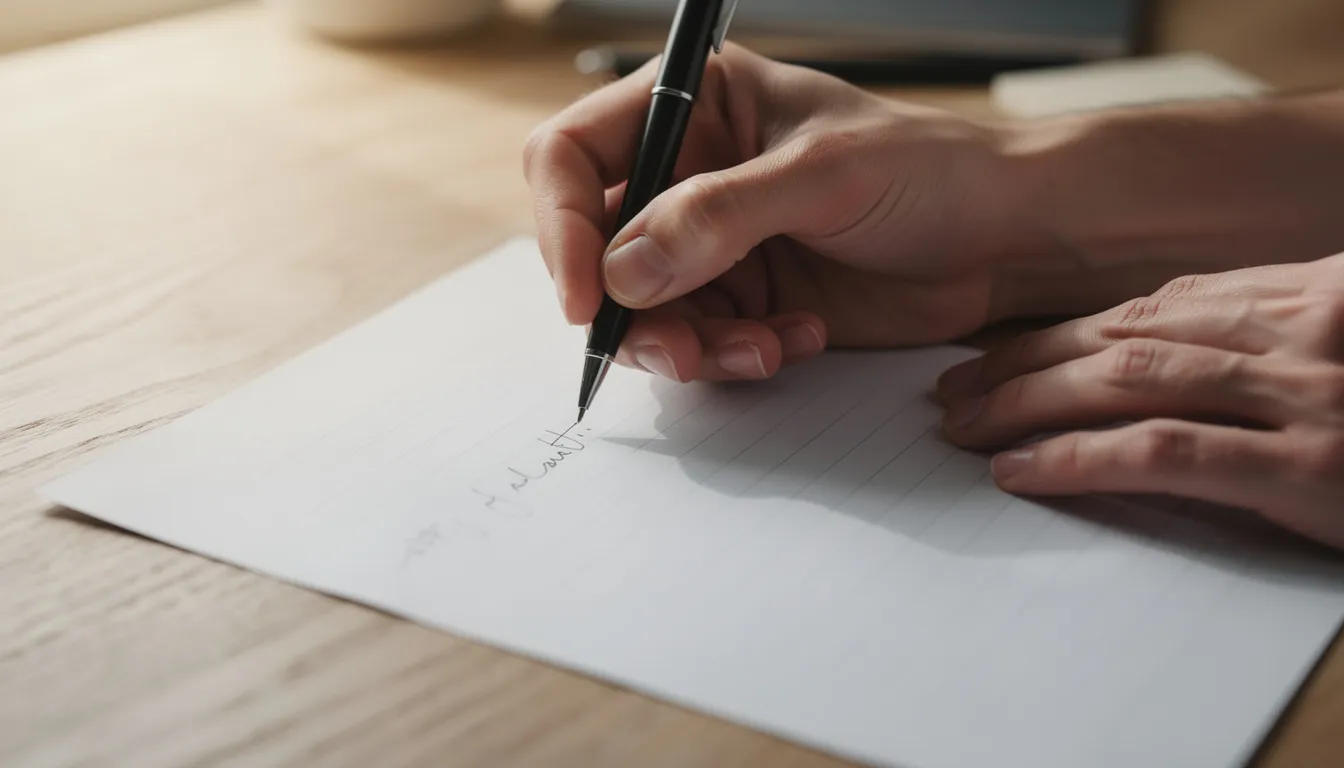 The image shows a pair of hands writing with a pen on a piece of paper placed on a wooden desk, symbolizing the act of creating lesson plans or engaging in academic activities. This scene reflects the importance of traditional writing skills in an educational context, where students learn to express their thoughts and ideas.