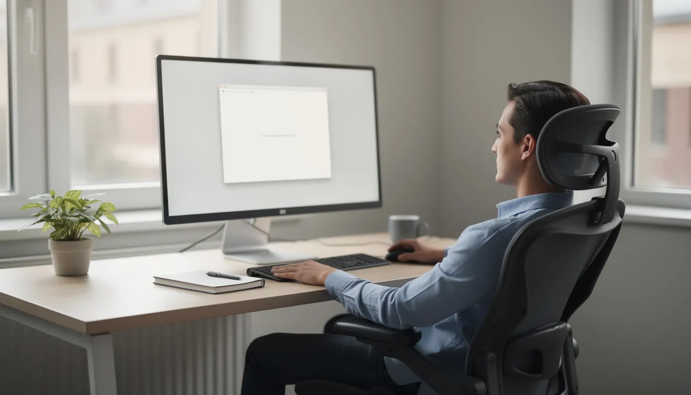 A person sits relaxed at a tidy desk, focused on a single screen displaying organized content, contrasting with the chaos of multiple windows. This setup highlights the efficiency of using AI-powered tools, enabling users to save time and create stunning images or presentations with just a few clicks.