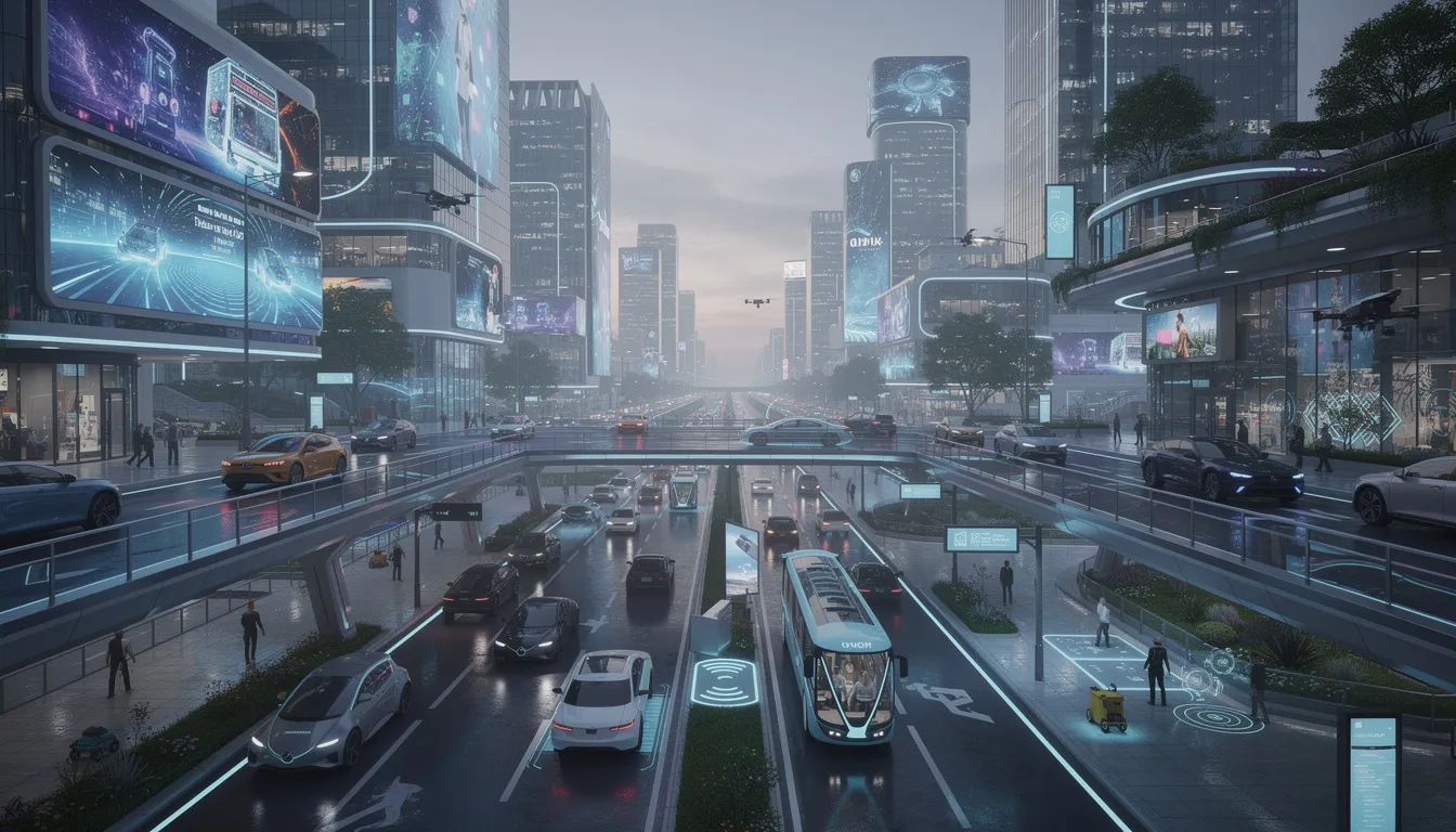 The image depicts a vibrant futuristic cityscape filled with self-driving cars navigating seamlessly through smart infrastructure, showcasing advanced artificial intelligence technologies at work. Towering buildings equipped with digital displays and green spaces illustrate a harmonious blend of urban life and AI systems, enhancing operational efficiency and human interaction.