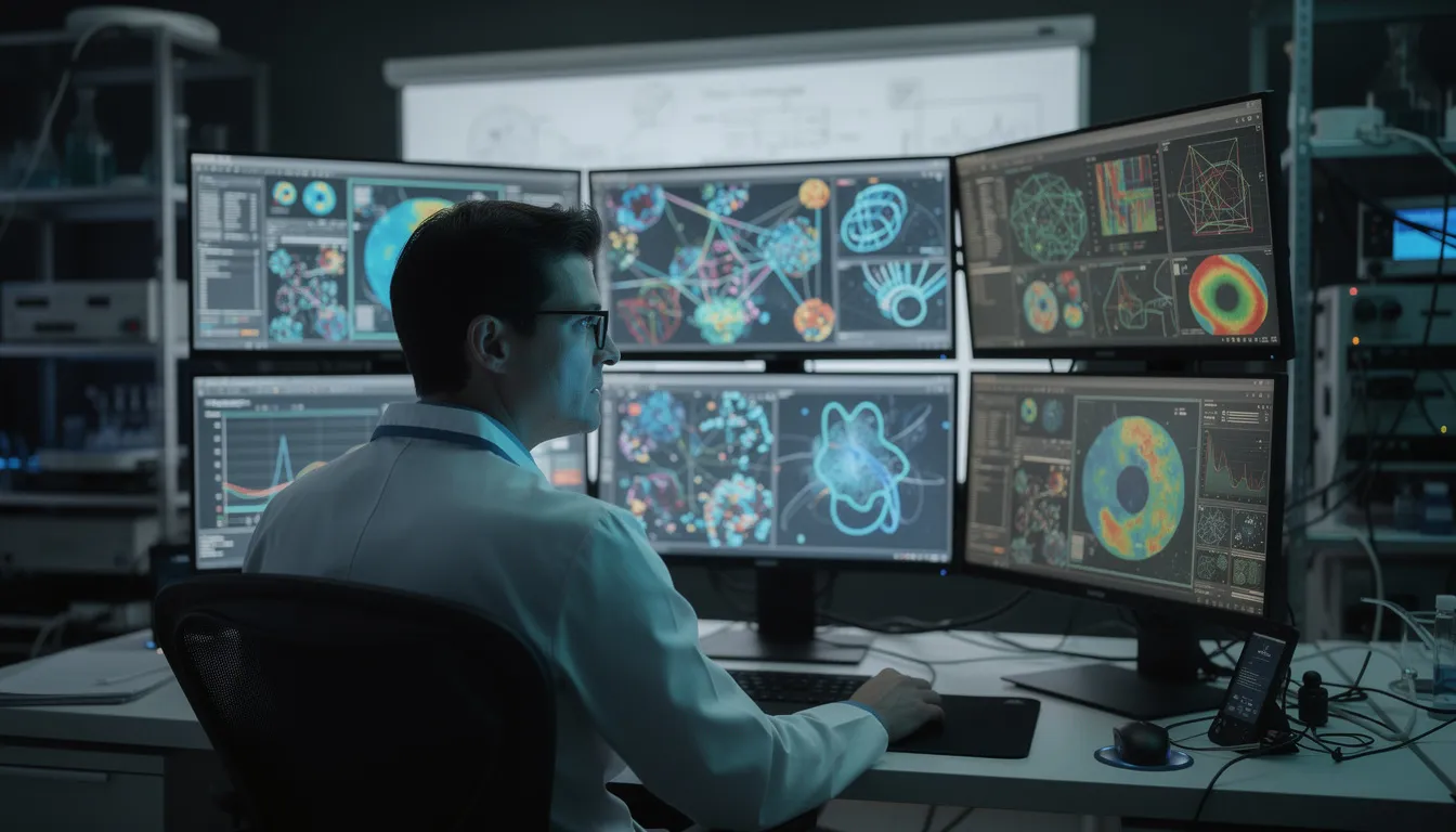 The image depicts a scientist intently examining complex visualizations on multiple computer monitors, showcasing various data patterns related to artificial intelligence and machine learning. The screens display intricate graphs and models, reflecting the researcher's focus on deep learning and AI technologies in their quest to analyze data and solve real-world problems.