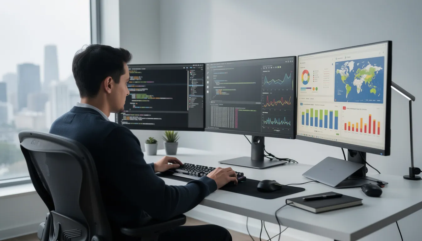 A person is seated at a modern desk, focused on multiple monitors that showcase lines of code and vibrant data visualizations, illustrating the key skills required for future jobs in software development and emerging technologies. This scene highlights the technological development and growth of the workforce as they respond to the demands of businesses and clients in a rapidly evolving digital world.