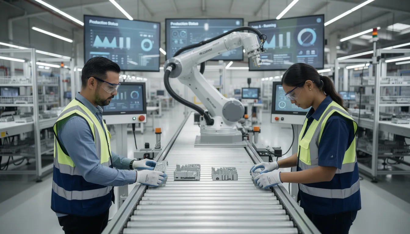 The image shows a robotic arm working collaboratively with human workers in a modern factory, highlighting the integration of artificial intelligence and machine learning technologies in industrial settings. This scene emphasizes the role of intelligent machines in automating tasks and enhancing productivity, showcasing a blend of human intelligence and advanced data science applications.