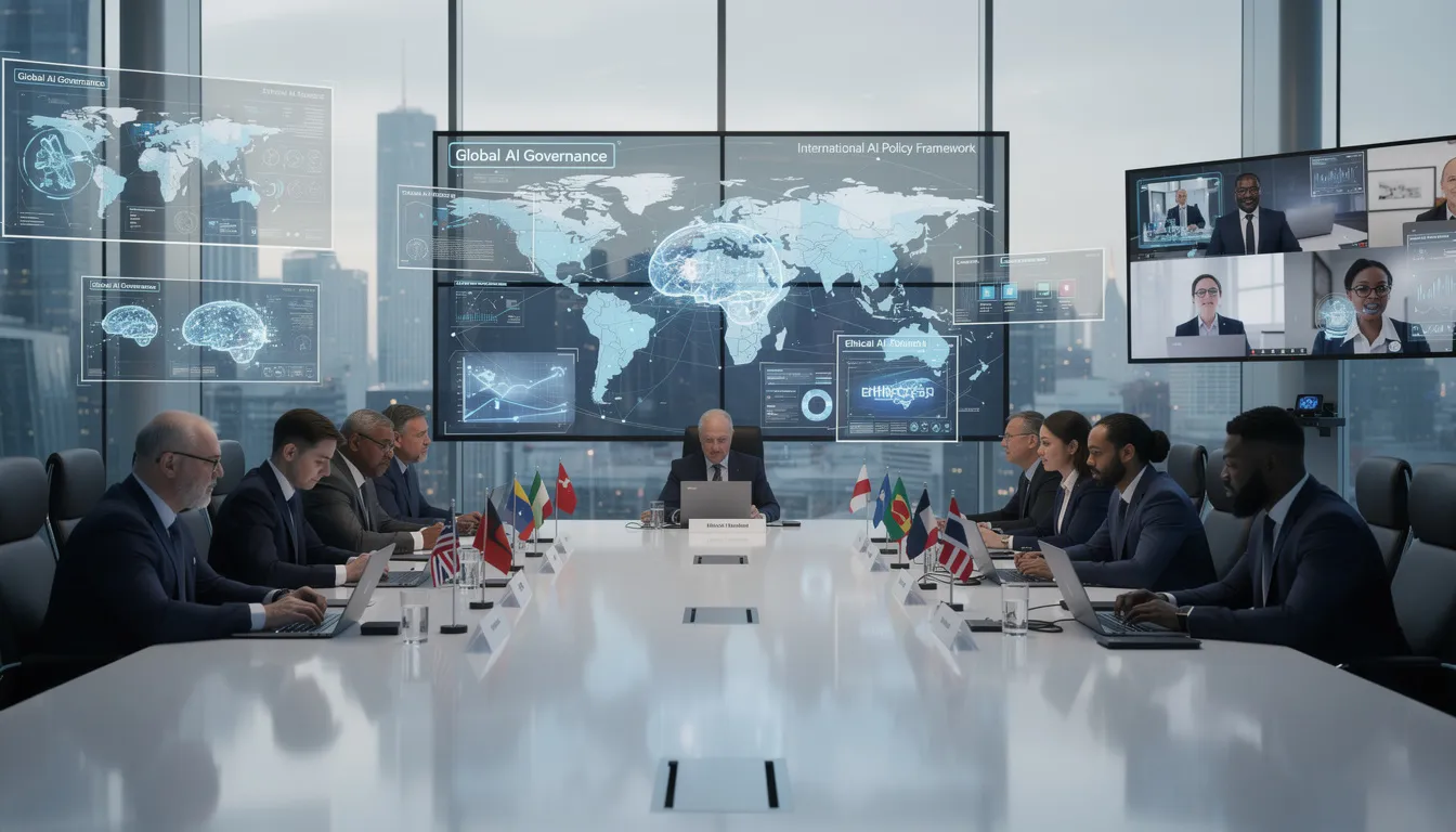 The image depicts diplomats engaged in discussions within a modern conference room, surrounded by digital displays that highlight topics related to international AI policy, including regulations, governance, and the implications of artificial intelligence on society. This setting suggests a collaborative effort to establish effective state and federal AI laws and address concerns surrounding AI technology and its impact on human flourishing.