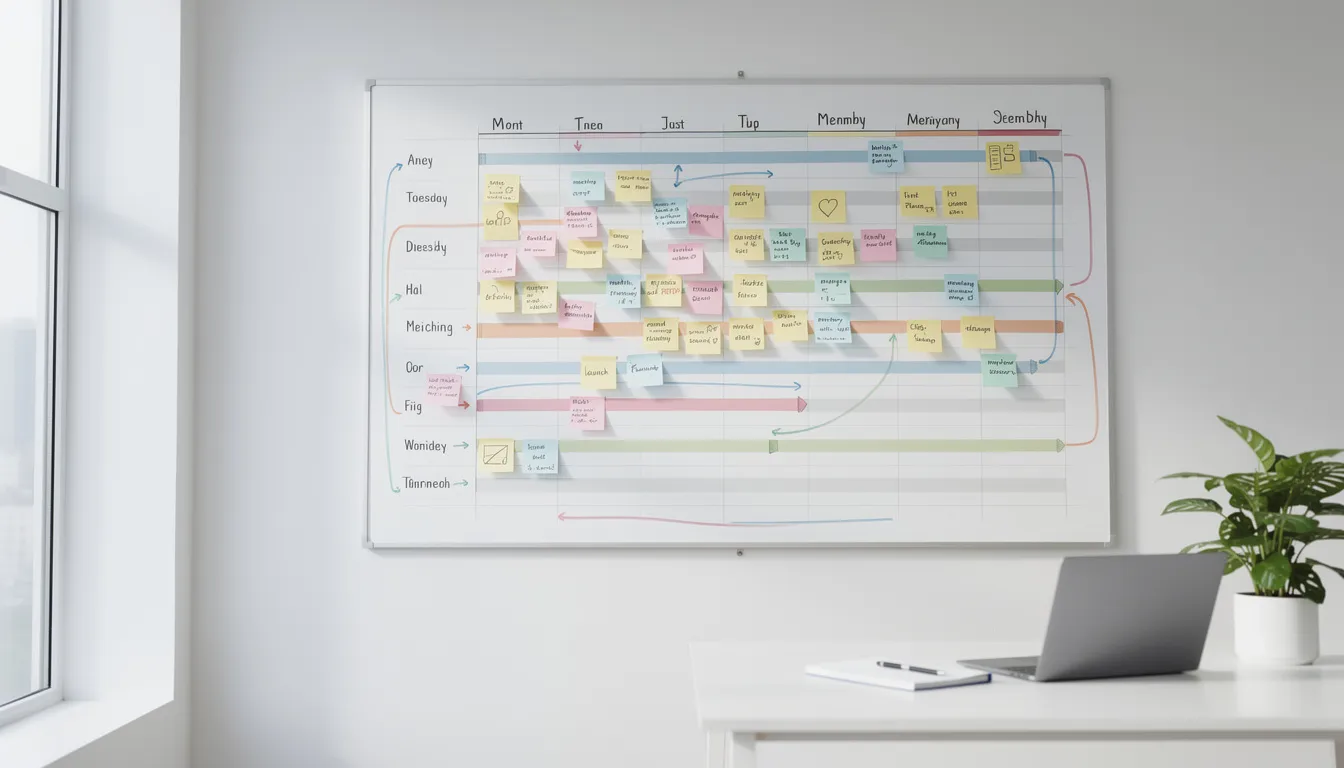 The image depicts a vibrant office space featuring a wall calendar or planning board adorned with colorful sticky notes and timeline markers, symbolizing organization and productivity in everyday life. This setting reflects the integration of advanced AI technology and tools that support teams in automating workflows and enhancing decision-making processes.