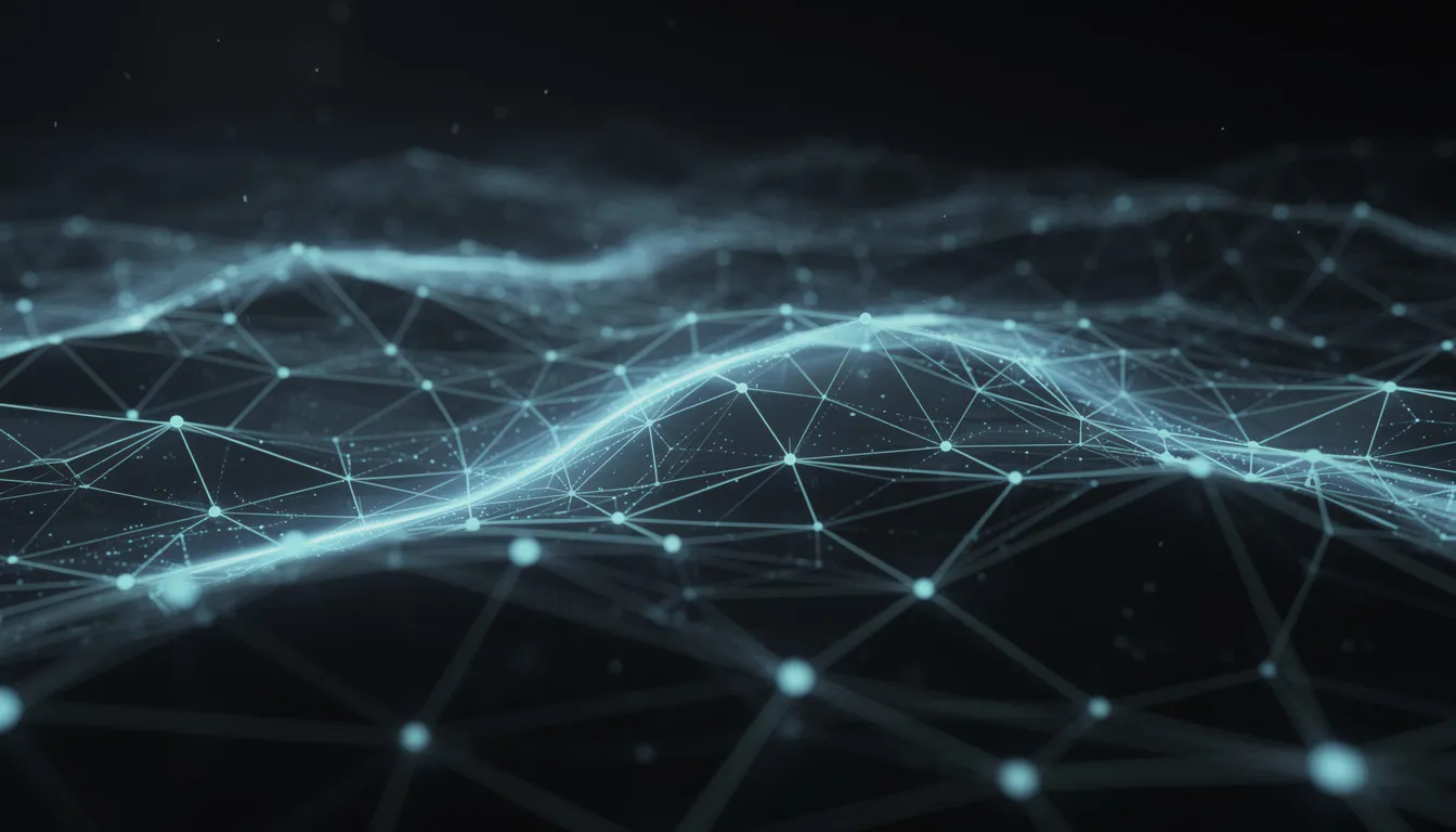 The image depicts a network of interconnected glowing nodes against a dark background, symbolizing the complex relationships found in machine learning models and data science. This visual representation reflects the intricate patterns and connections that machine learning algorithms, such as neural networks and regression models, analyze to uncover insights from training data.