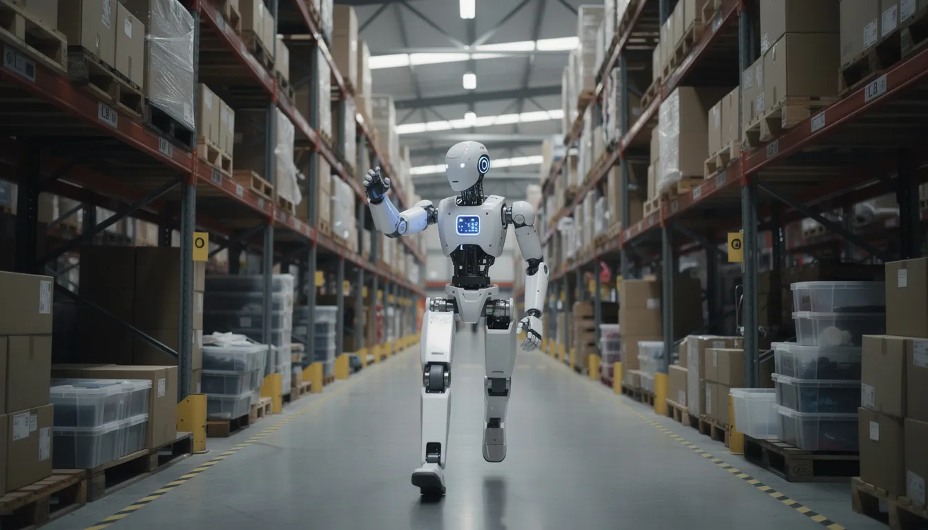 The image depicts a humanoid robot navigating through a warehouse environment, skillfully maneuvering between tall shelves filled with various items. This scene illustrates the application of reinforcement learning algorithms, as the robot interacts with its surroundings to optimize its path and decision-making processes.
