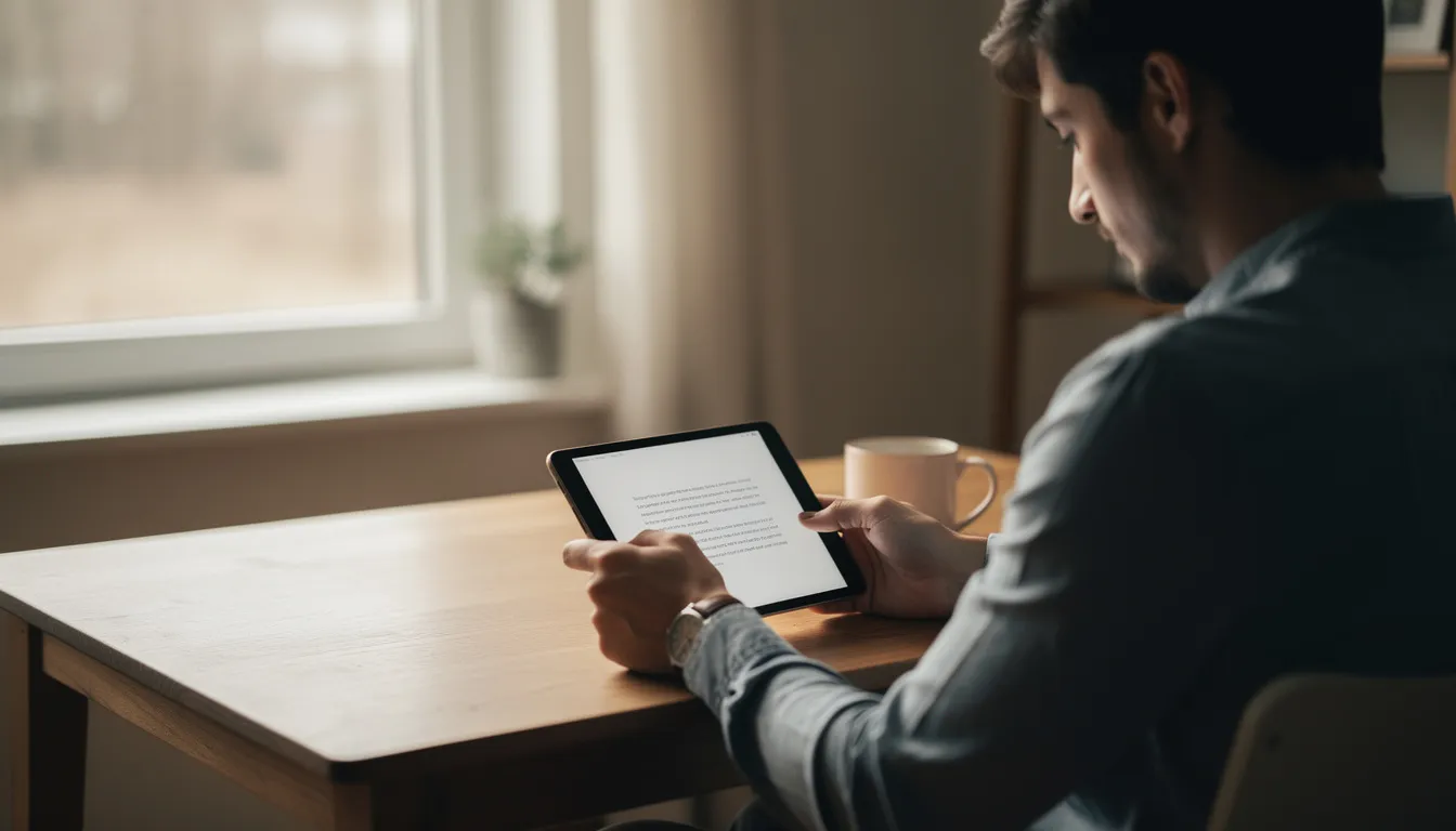 A person is reading intently on a tablet in a serene environment, surrounded by soft lighting that enhances their focus. This scene reflects the intersection of human intelligence and technology, reminiscent of the advancements in artificial intelligence and machine learning that shape our everyday life.