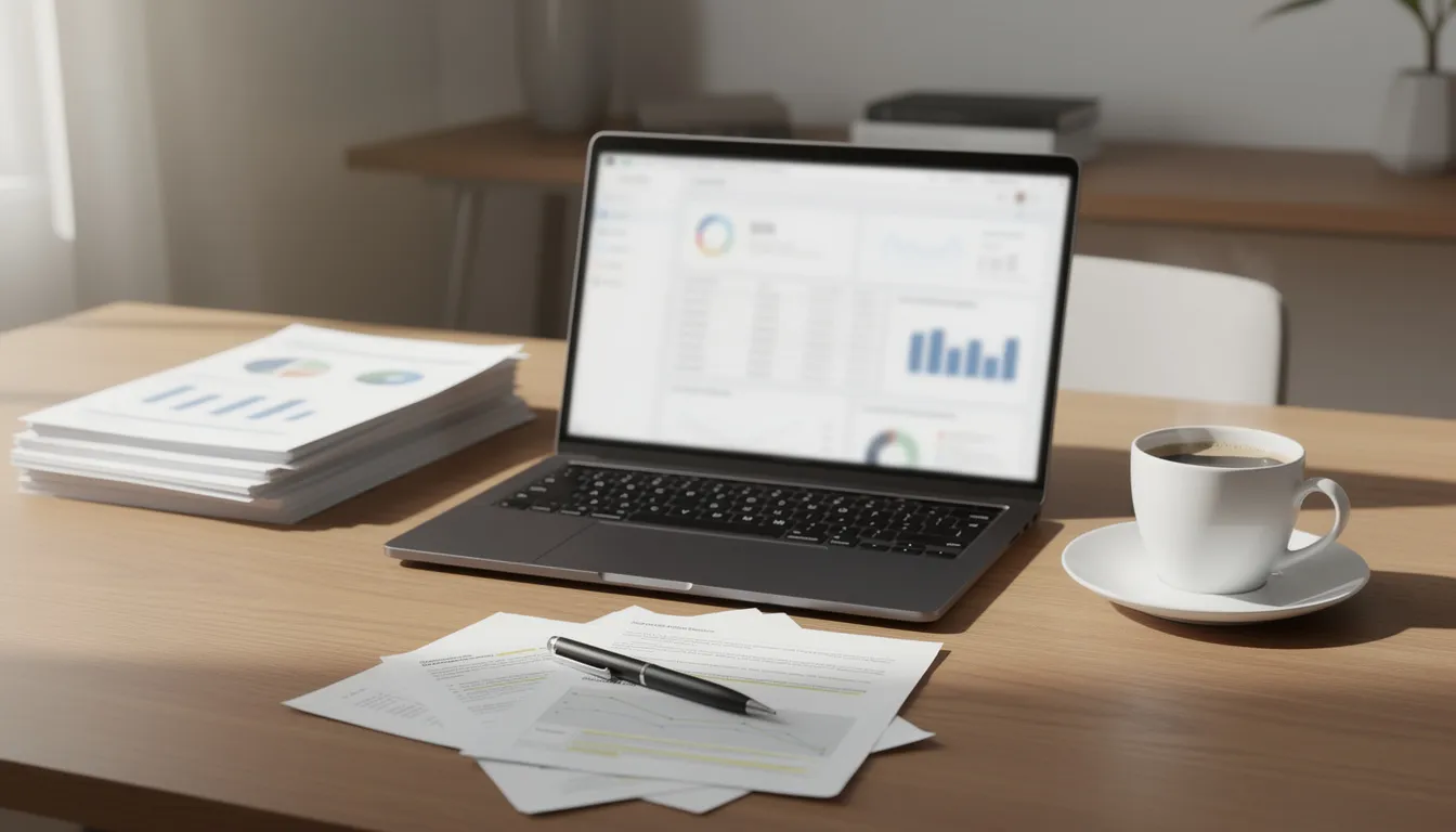 The image depicts a professional workspace featuring a laptop, neatly organized documents, and a steaming coffee cup on a wooden surface, creating a warm and inviting atmosphere for productivity. Soft light from a sunlit window casts sharp shadows, enhancing the cozy yet focused environment ideal for exploring innovative ideas.