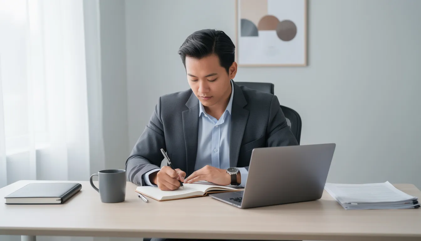 A professional individual is intently focused on a laptop screen while taking organized notes, showcasing a hands-on experience in data analysis and decision making. The setting suggests an environment conducive to scientific discovery, where the user is likely leveraging powerful AI tools to generate content and summarize meetings effectively.