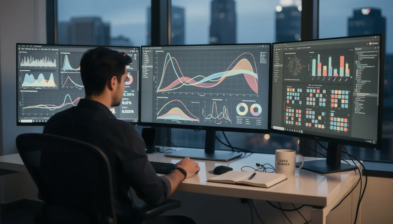 A data scientist is intently reviewing model performance dashboards displayed on multiple monitors, analyzing data points and machine learning models. The screens showcase various machine learning algorithms, including supervised and unsupervised learning, as well as visualizations of training data and model parameters for accurate predictions.