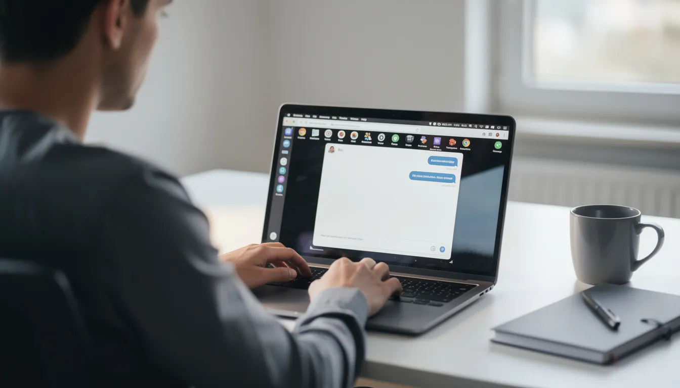 An individual is focused on a laptop displaying multiple browser tabs, including an AI interface that features generative AI tools and an AI chat option, enabling users to create presentations and generate images with just a few clicks. The screen showcases various web pages and AI applications designed to assist users in drafting content and conducting data analysis efficiently.
