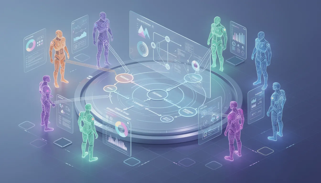 The image depicts multiple AI agents collaborating seamlessly on a complex workflow task, showcasing their advanced capabilities in automating processes and performing intelligent decision-making. These autonomous AI agents utilize natural language processing and machine learning models to efficiently complete tasks and improve overall productivity.