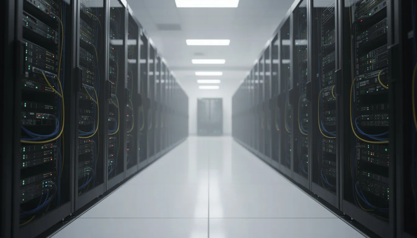 The image depicts rows of servers in a modern data center, each equipped with blinking lights, symbolizing the computing power that supports advanced AI technologies and machine learning applications. This environment is crucial for AI development, enabling the processing of vast amounts of data for tasks such as pattern recognition and training deep neural networks.