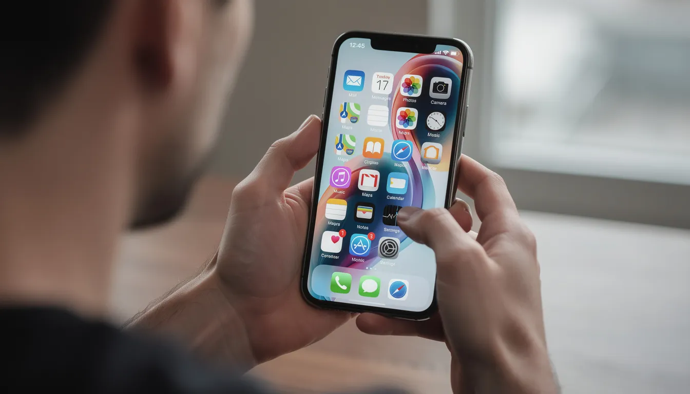 The image depicts a person engaged with a smartphone, where various app icons are displayed on the screen, showcasing the integration of artificial intelligence technologies in everyday devices. This scene reflects the impact of machine learning and natural language processing in enhancing user experience through mobile applications.