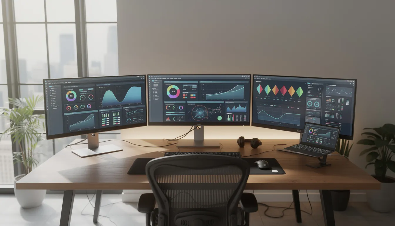 The image showcases a modern office workspace featuring multiple computer screens, each displaying various software interfaces and analytics dashboards. This setup highlights the use of advanced AI tools for data analysis and productivity, ideal for marketing teams and business processes.