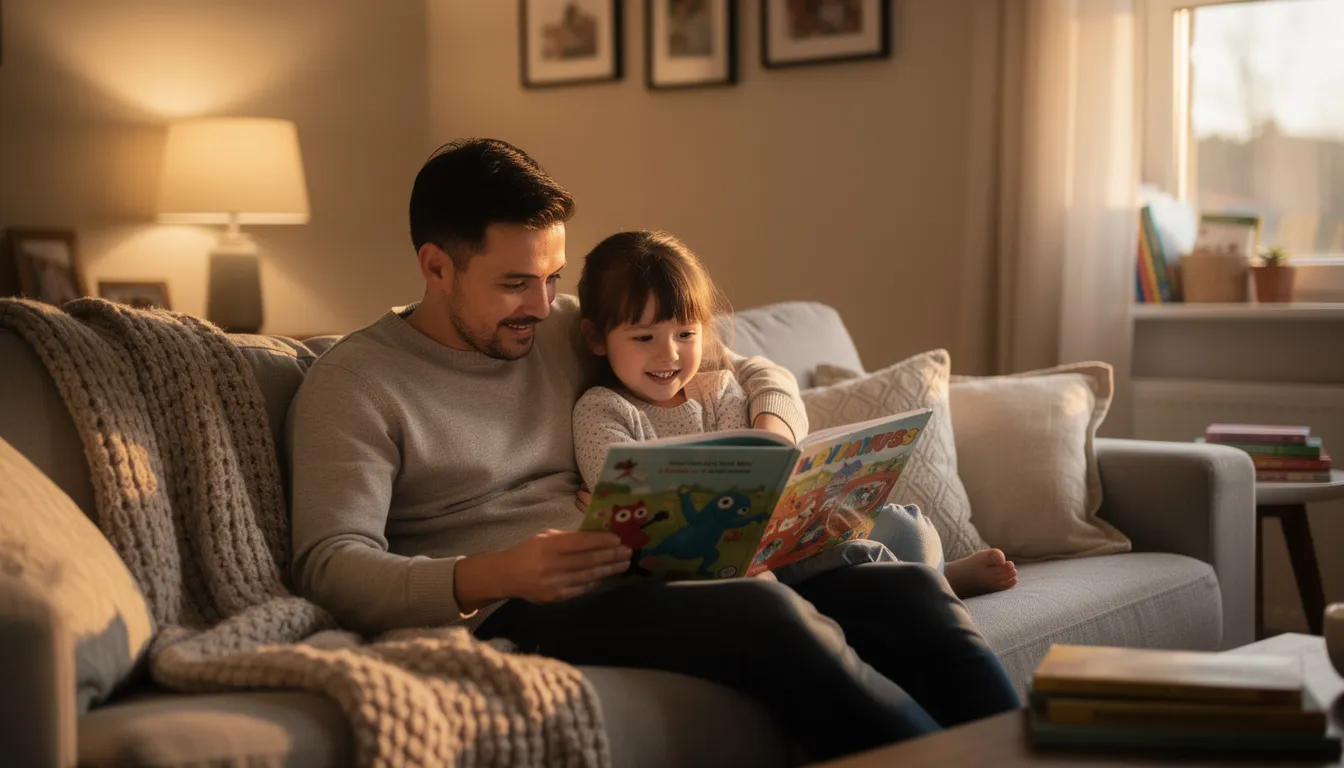 A parent and child are cozily seated on a couch, engaged in reading a colorful storybook filled with illustrated stories, fostering imagination and creativity through the writing process. The scene captures the warmth of shared moments as they explore characters and scenes together, making the experience both accessible and enriching.