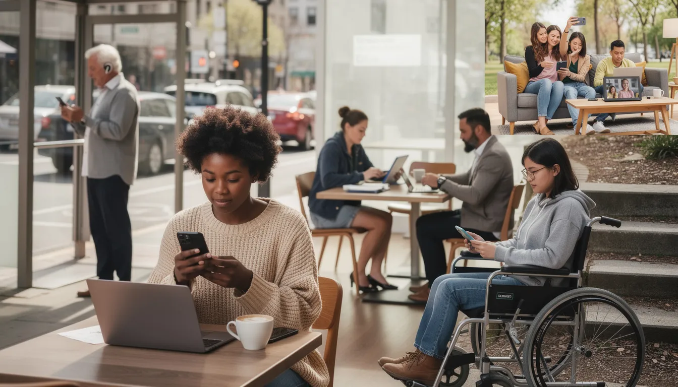 A diverse group of individuals is engaged with smartphones and various devices in different environments, showcasing the integration of artificial intelligence in daily life. This scene reflects the growing AI adoption and the impact of AI technology on communication and social interaction.