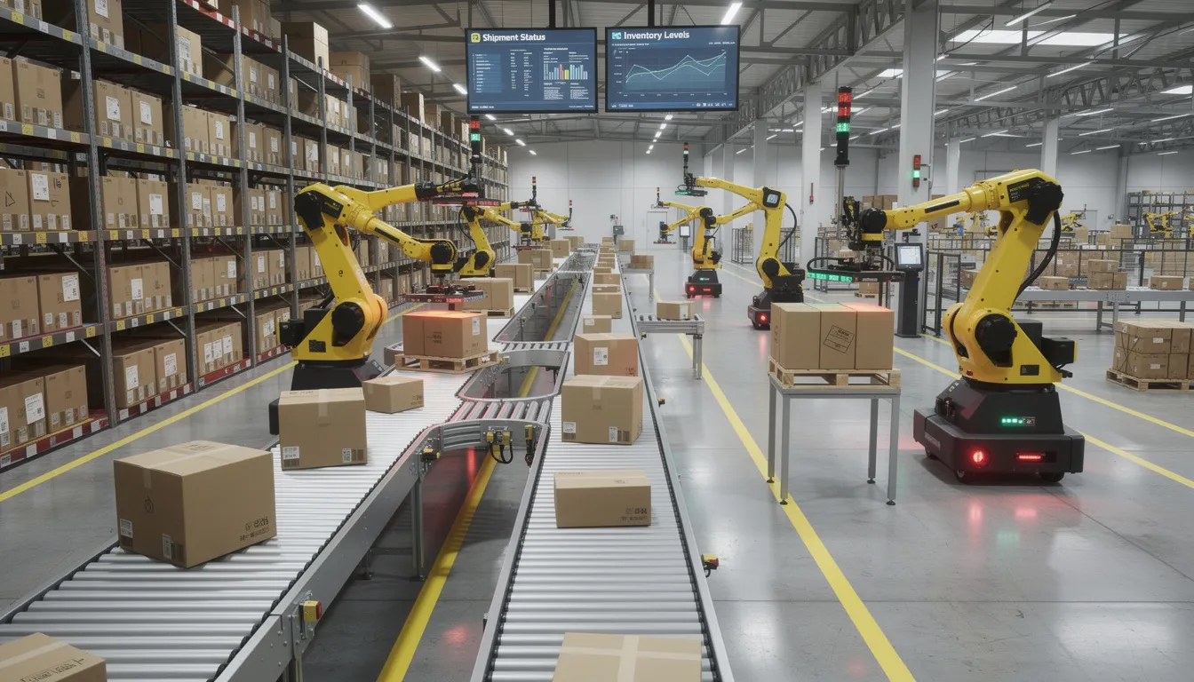 The image depicts an automated warehouse interior featuring robotic arms and conveyor systems efficiently handling various tasks. This setting highlights the advantages and disadvantages of artificial intelligence, showcasing how AI technology can streamline operations while also raising ethical concerns about job displacement and human oversight.
