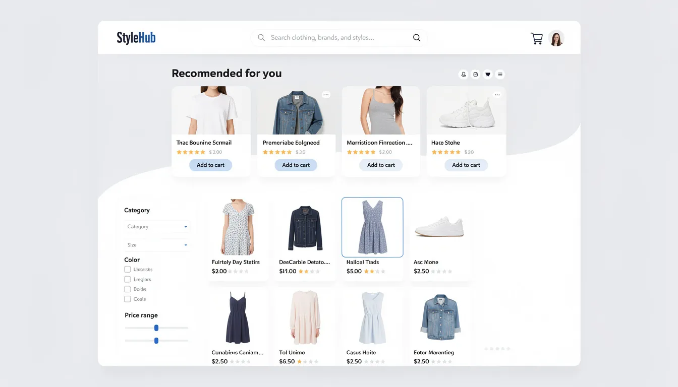 The image displays a modern e-commerce website interface featuring various clothing items, complemented by a search bar and product recommendations. This design exemplifies the application of artificial intelligence in enhancing user experience through personalized shopping options.