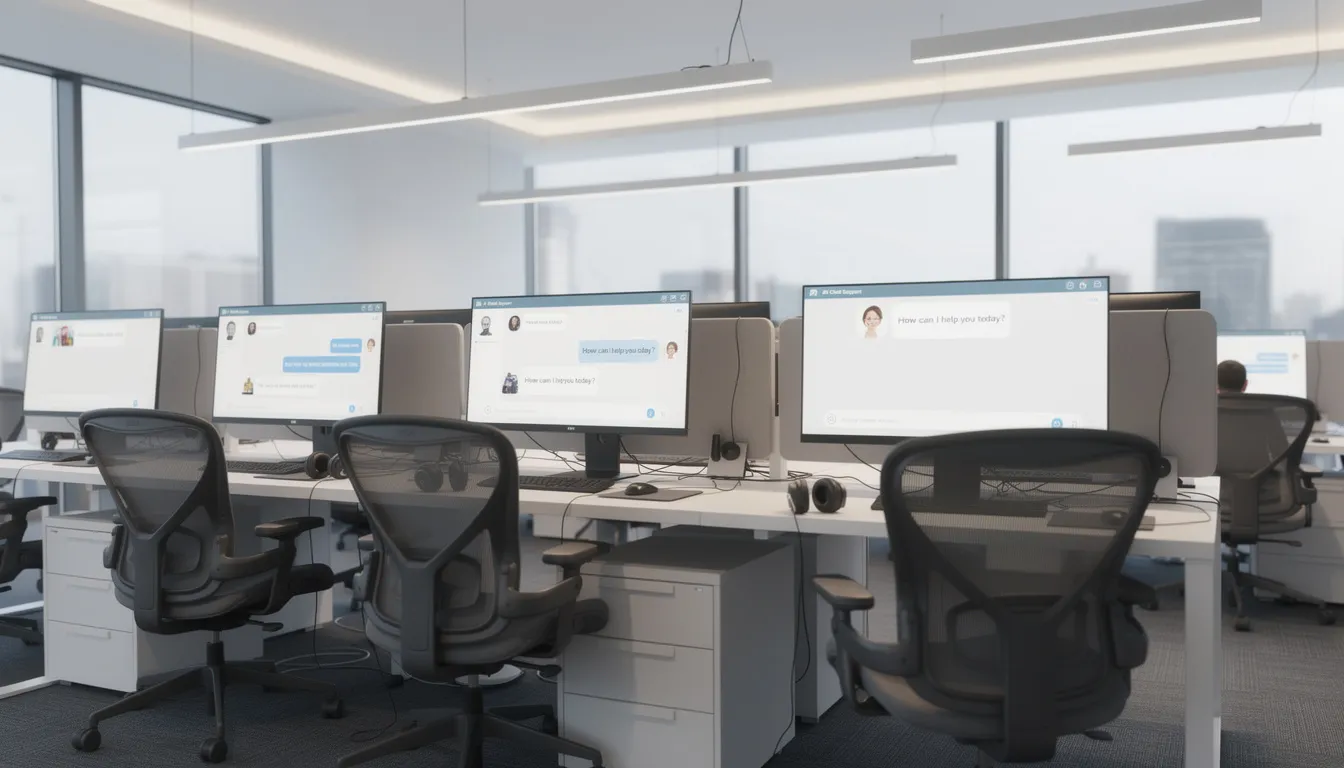 The image depicts a modern call center featuring several empty desks with computer screens displaying chatbot interfaces, illustrating the increasing adoption of AI technologies in customer service roles. This scene reflects the ongoing transformation in the job market, where AI tools and automation are reshaping traditional white-collar jobs.