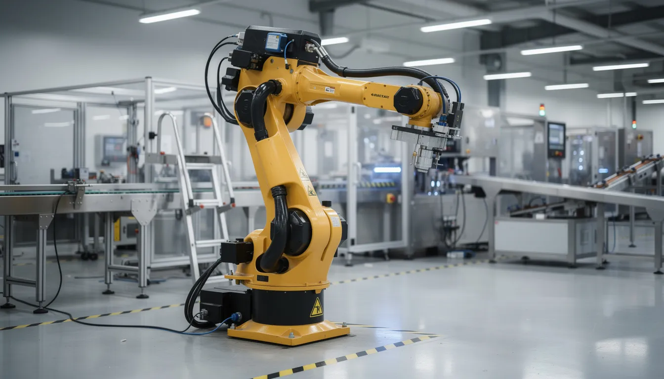 The image depicts a sleek industrial robot arm operating in a modern manufacturing facility, showcasing advanced automation technology. This scene highlights the integration of artificial intelligence and machine learning in real-world business environments, emphasizing the role of AI tools in boosting productivity and efficiency.